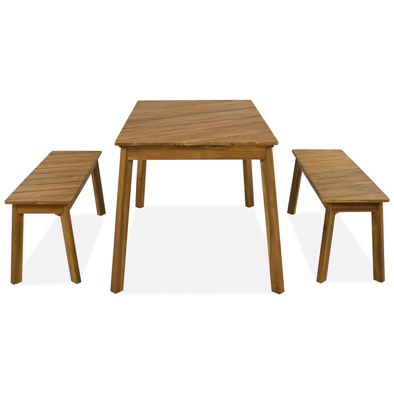 3 Pieces Acacia Wood Table Bench Dining Set For Outdoor & Indoor Furniture With 2 Benches, Picnic Beer Table For Patio, Porch, Garden, Poolside – Natural