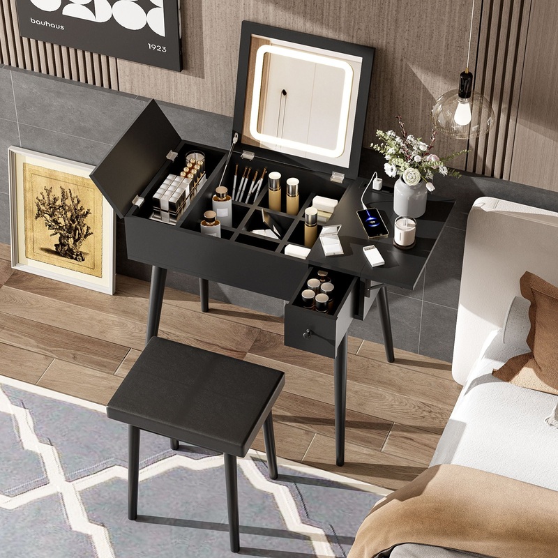 Makeup Vanity Desk With Flip Top Mirror And LED Light, Dressing Table With Charging Station, 2 Drawers And Fold Up Panel, Vanity Set With Cushioned Stool For Bedroom – Black