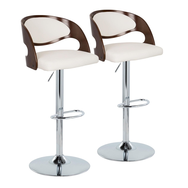 Pino – Mid-Century Modern Adjustable Barstool With Swivel With Oval Footrest (Set of 2) – Chrome / Cherry / White