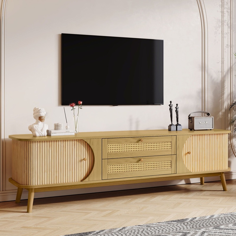 Rattan TV Stand For Tvs Up To 75”, Modern Farmhouse Media Console, Entertainment Center With Legs, TV Cabinet For Living Room, Home Theatre – Natural Wood