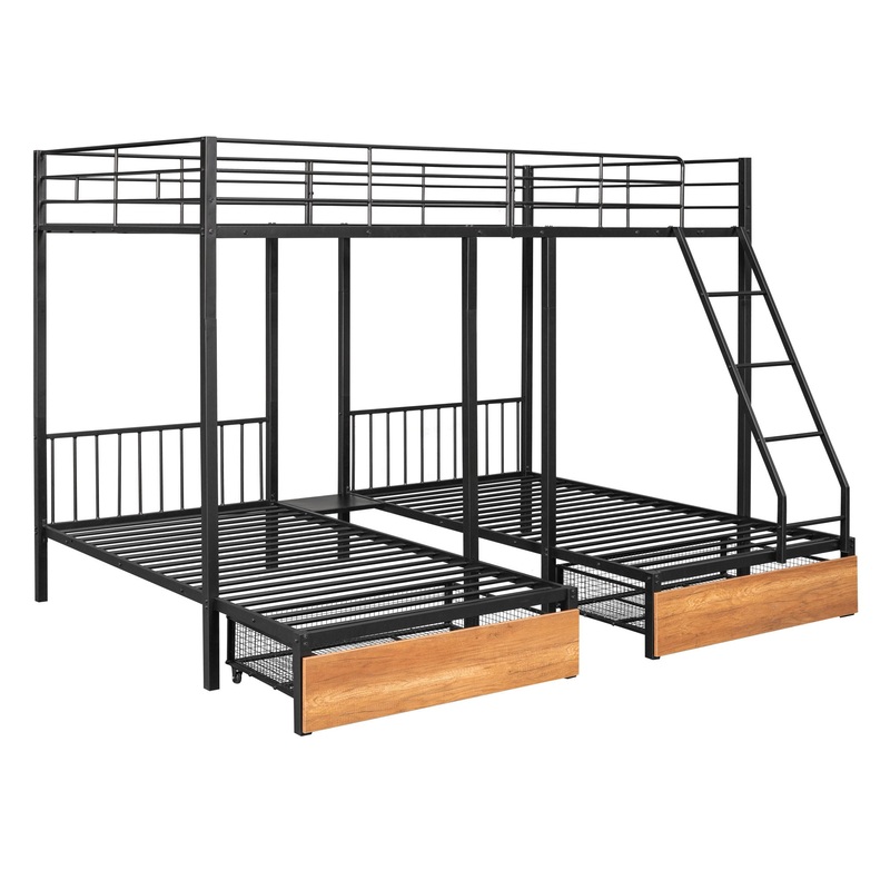 Full Over Twin & Twin Bunk Bed, Triple Bunk Bed With Drawers And Guardrails – Black