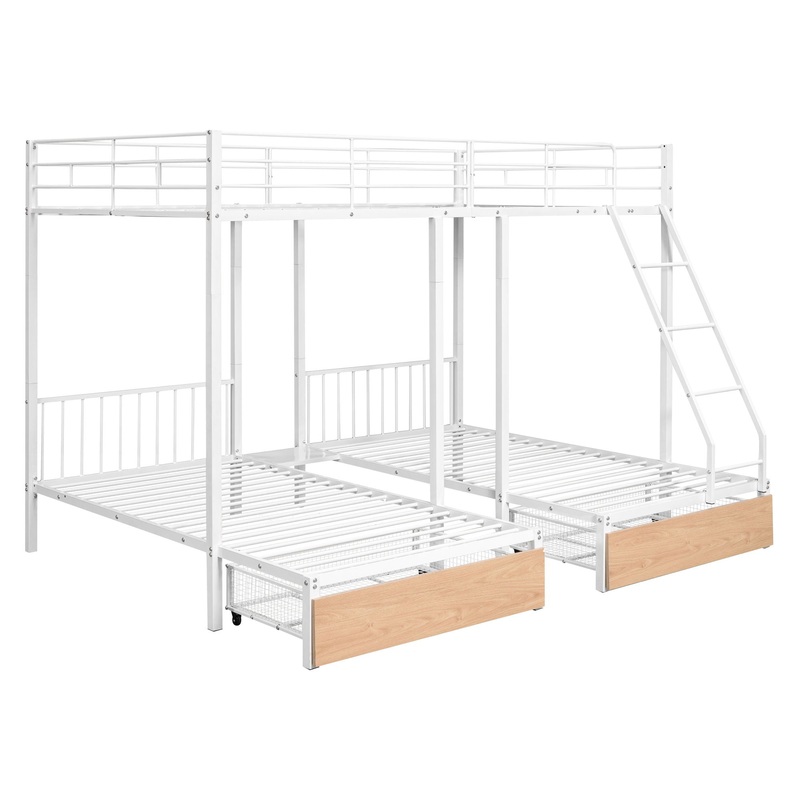 Full Over Twin & Twin Bunk Bed, Triple Bunk Bed With Drawers And Guardrails – White