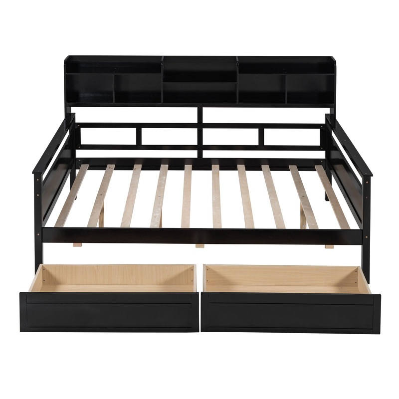 Full Size Daybed, Slat Support, With Bedside Shelf And Two Drawers – Espresso