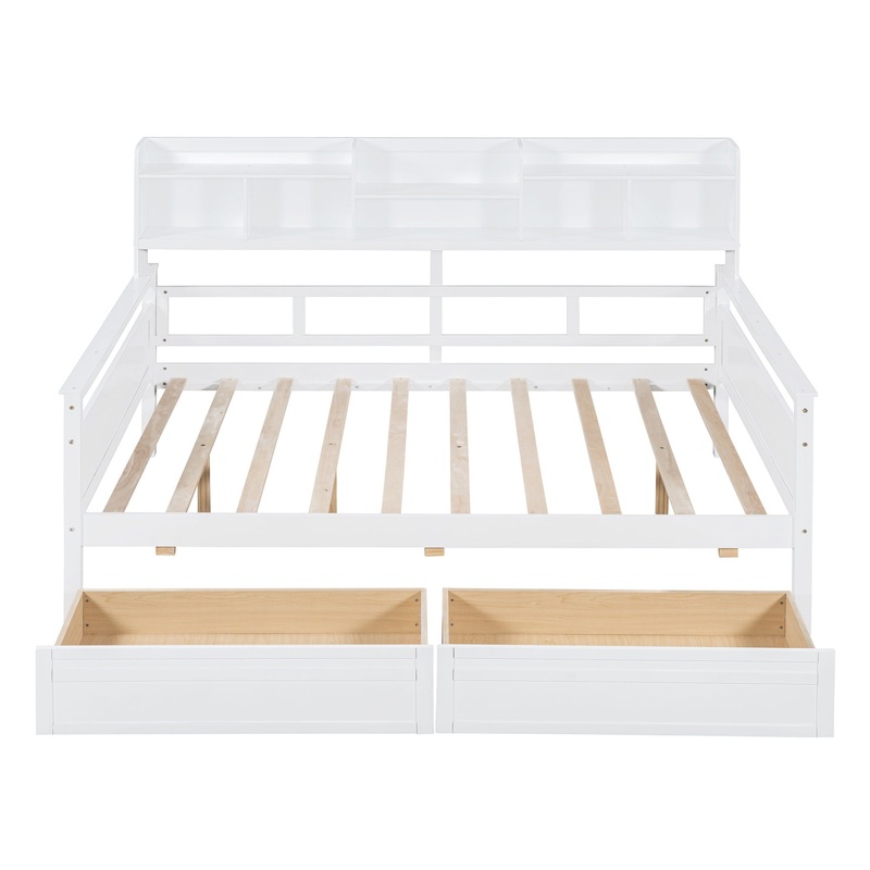 Full Size Daybed, Slat Support, With Bedside Shelf And Two Drawers – White