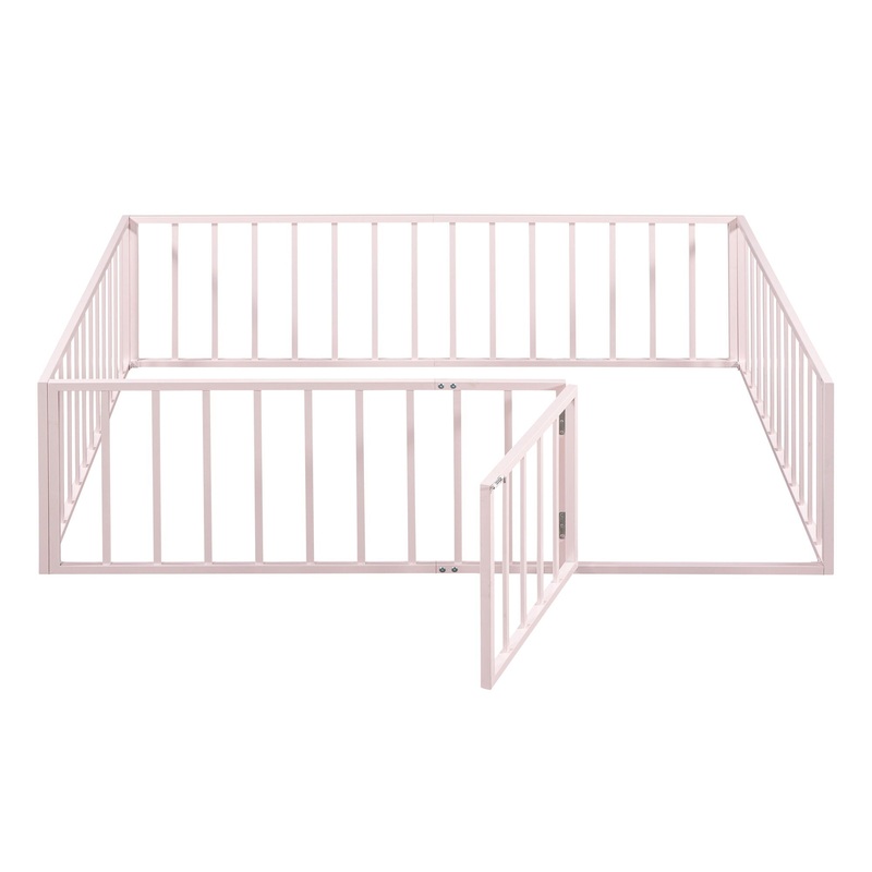 Full Size Floor Bed Frame With Fence And Door – Pink