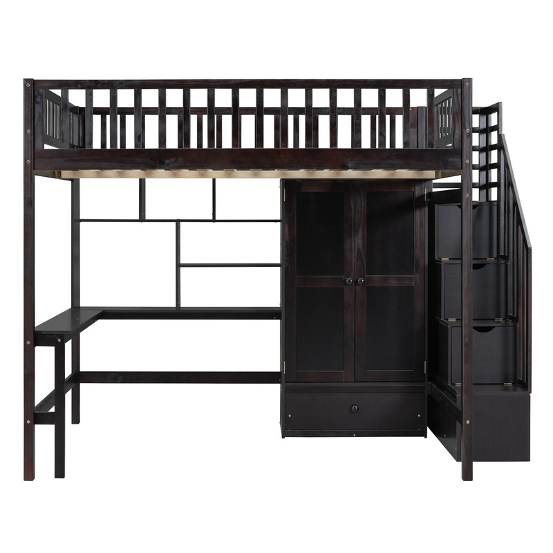 Full Size Loft Bed With Bookshelf, Drawers, Desk, And Wardrobe – Espresso
