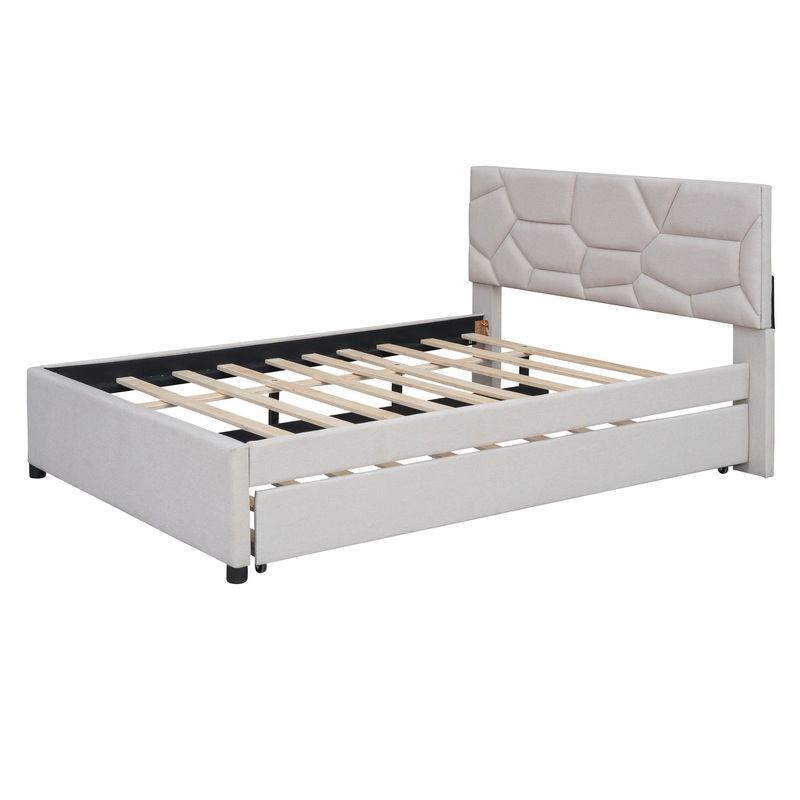 Full Size Upholstered Platform Bed With Brick Pattern Headboard And Twin Size Trundle – Beige
