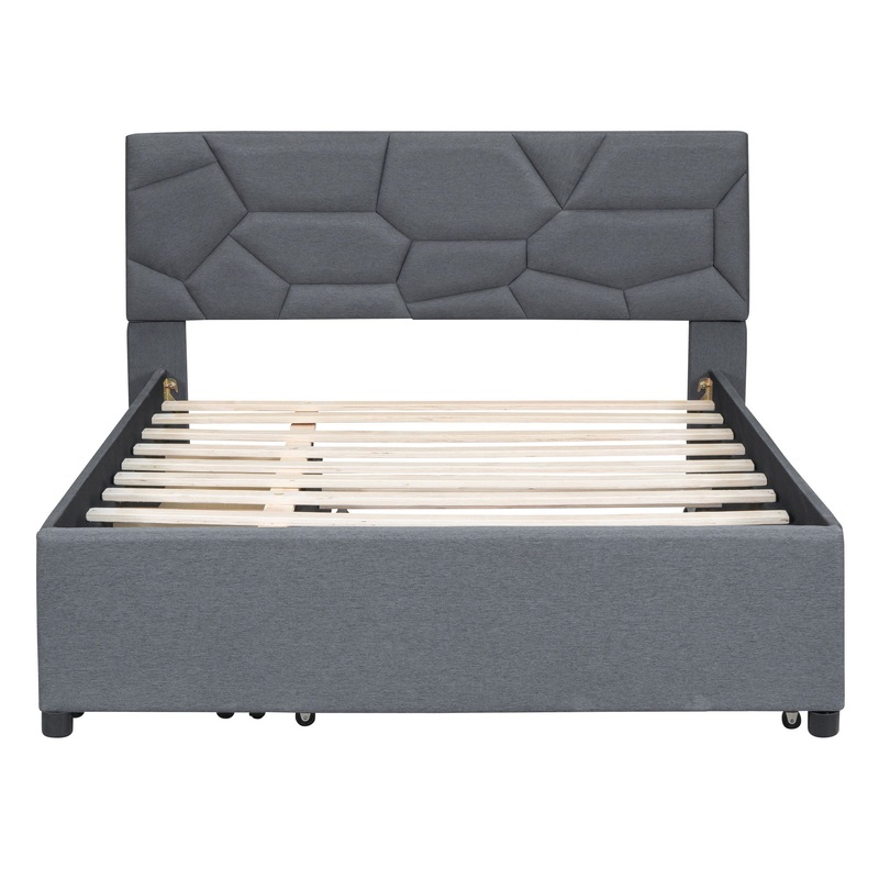 Full Size Upholstered Platform Bed With Brick Pattern Headboard, With Twin Size Trundle And 2 Drawers – Gray