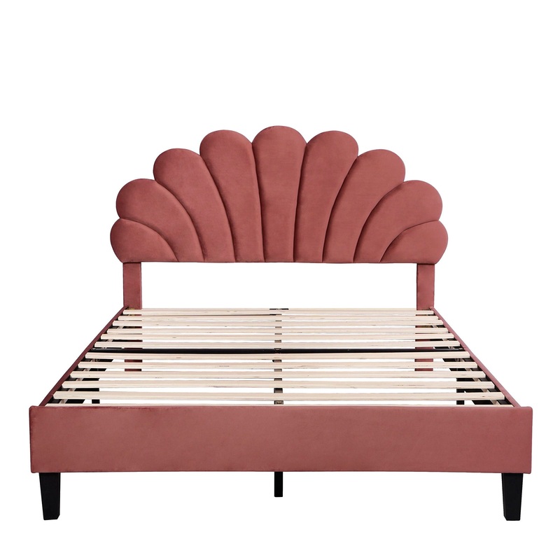 Full Size Upholstered Platform Bed With Flower Pattern Headboard – Bean Paste Red