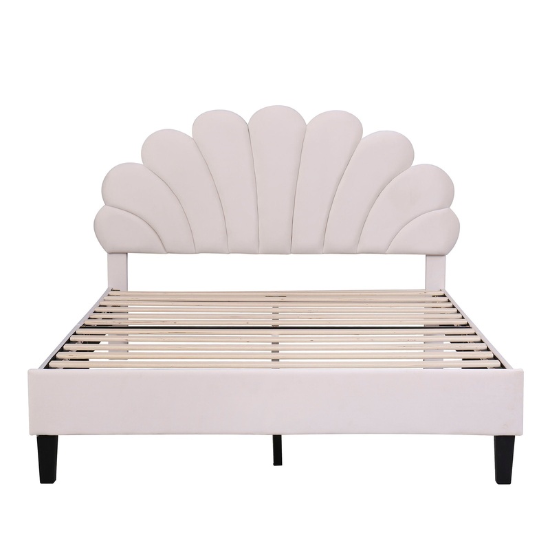 Full Size Upholstered Platform Bed With Flower Pattern Headboard – Beige