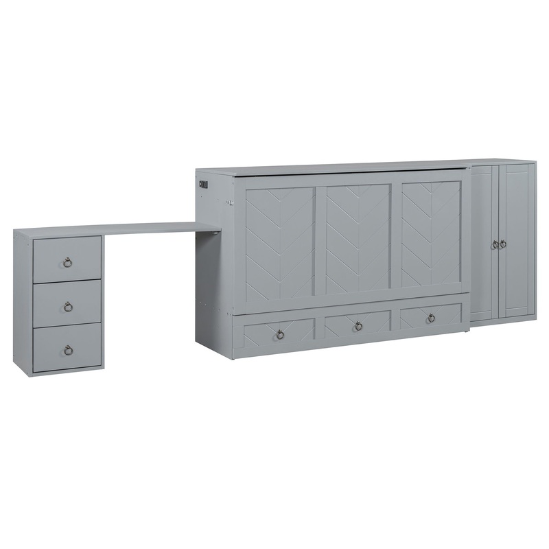 Queen Size Murphy Bed With USB Port, Large Drawer, And Wardrobe / Desk Combo Versatile Cabinet Bed – Gray