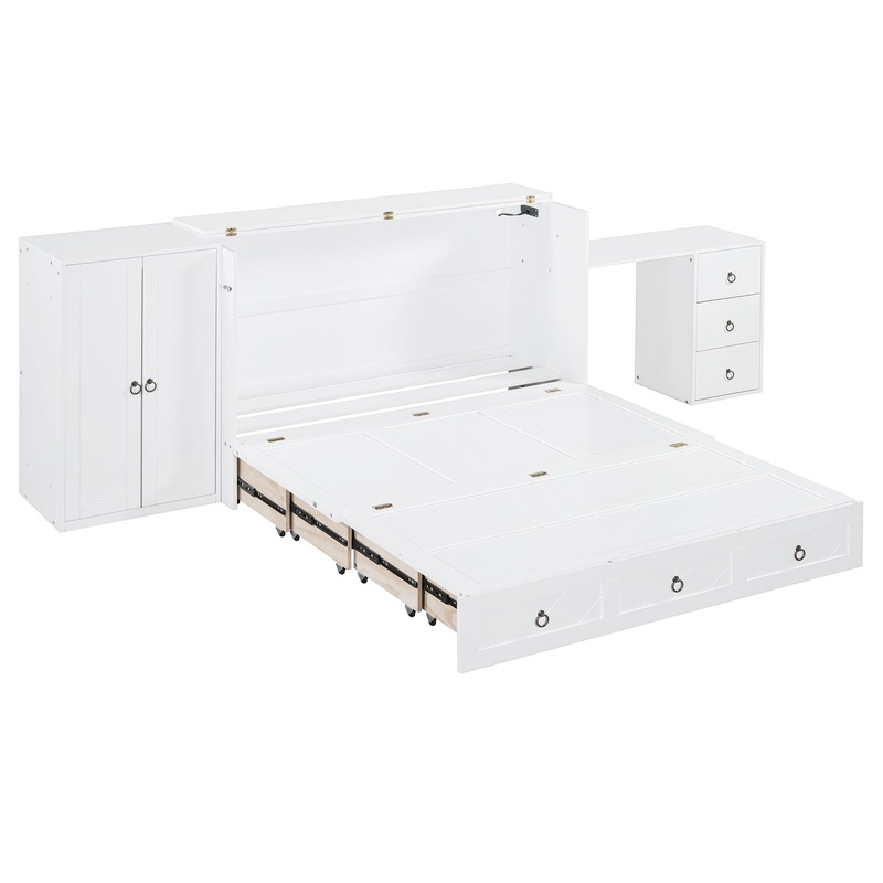 Queen Size Murphy Bed With USB Port, Large Drawer, And Wardrobe / Desk Combo Versatile Cabinet Bed – White