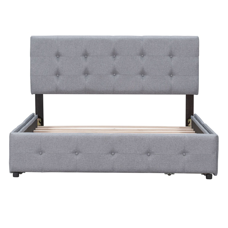 Queen Size Upholstered Platform Bed With Classic Headboard And 4 Drawers, No Box Spring Needed – Light Gray