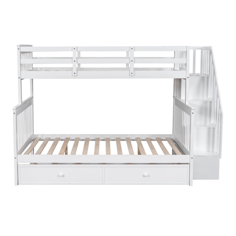 Twin Over Full Bunk Bed With Twin Size Trundle, Storage And Guard Rail For Bedroom – White