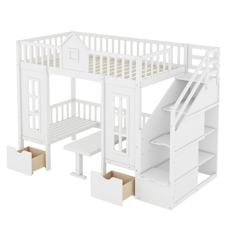Twin Over Twin Bunk Bed With Changeable Table, Turn Into Upper Bed And Down Desk – White