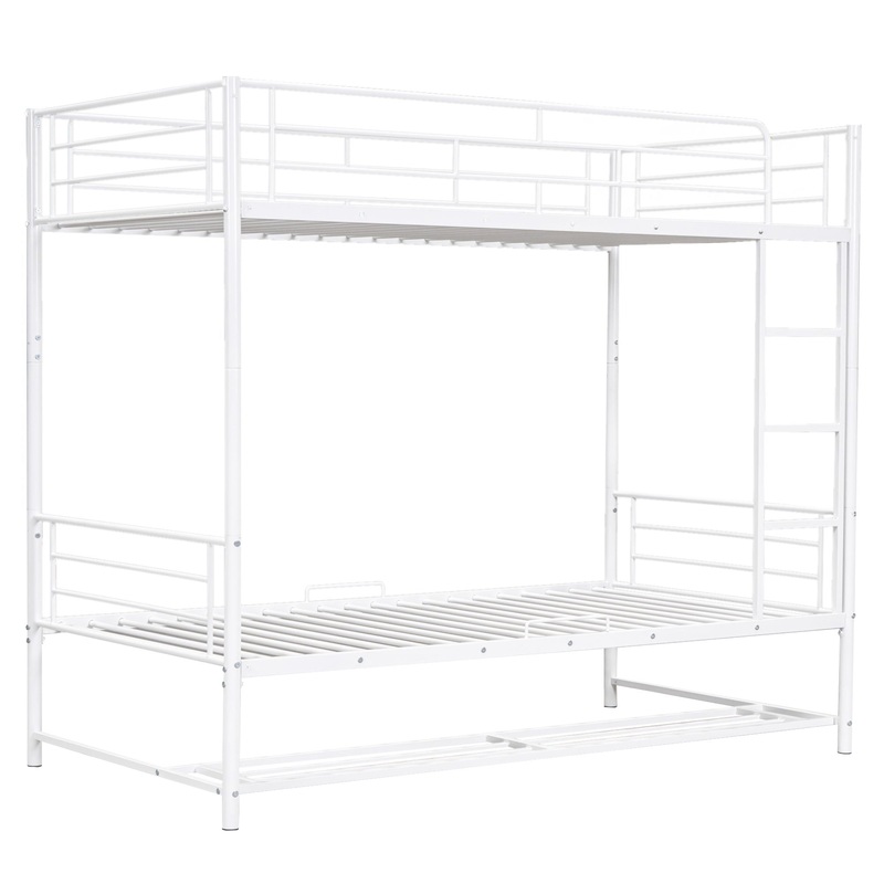 Twin Over Twin Bunk Bed With Shelf And Guardrails – White