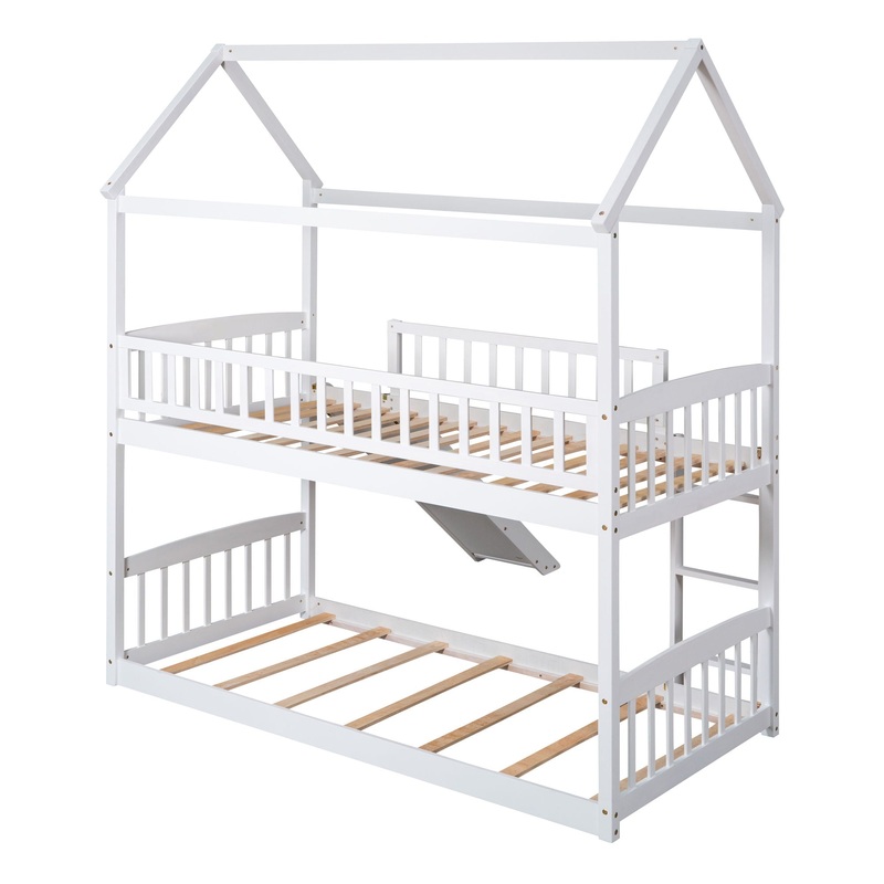 Twin Over Twin Bunk Bed With Slide, House Bed With Slide – White