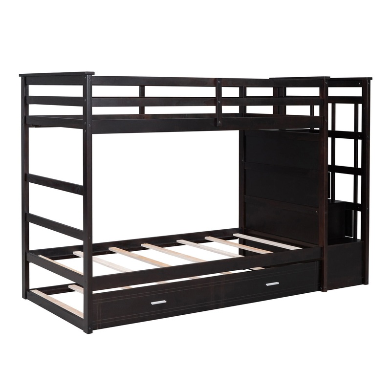 Twin Over Twin Bunk Bed With Trundle And Staircase – Espresso