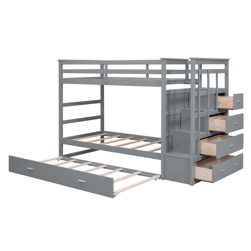 Twin Over Twin Bunk Bed With Trundle And Staircase – Gray