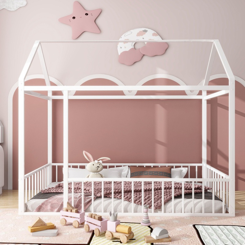 Twin Size Bed House Bed Frame With Fence – White