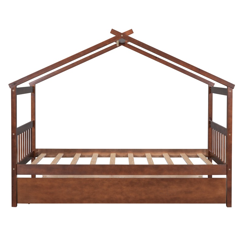 Twin Size House Bed With Twin Size Trundle – Walnut