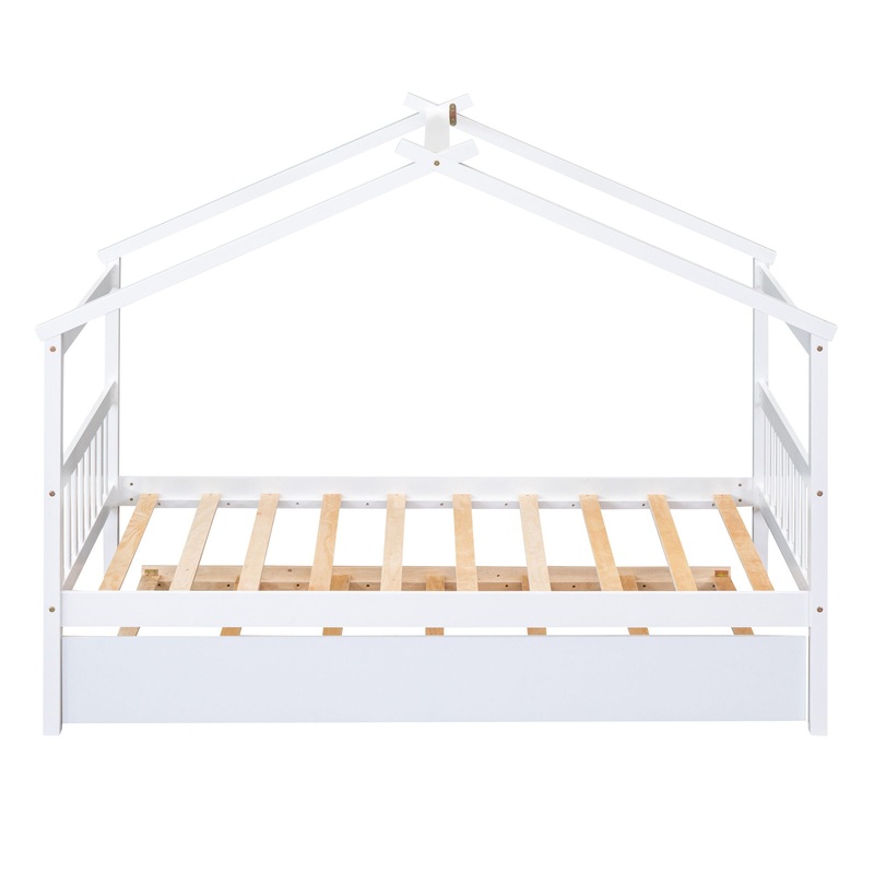 Twin Size House Bed With Twin Size Trundle – White