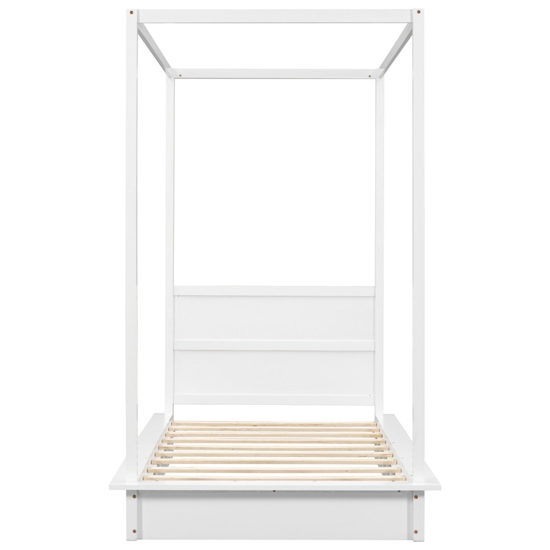 Twin Size LED Canopy Bed, Canopy Platform Bed With Support Slats, No Box Spring Needed – White