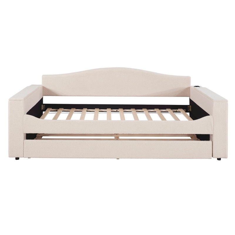 Twin Size Upholstered Daybed With Storage Armrests, Trundle And Latest Integrated Bluetooth Audio System – Beige