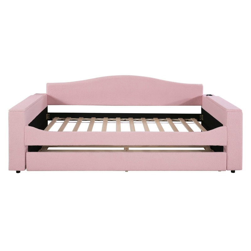 Twin Size Upholstered Daybed With Storage Armrests, Trundle And Latest Integrated Bluetooth Audio System – Pink