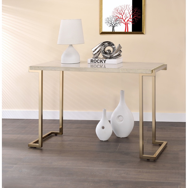 Boice II – Faux Marble Top Sofa Table – White / Champagne