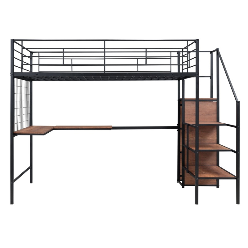 Full Size Loft Bed With Desk And Grid, Stylish Frame With Lateral Storage Ladder And Wardrobe – Black
