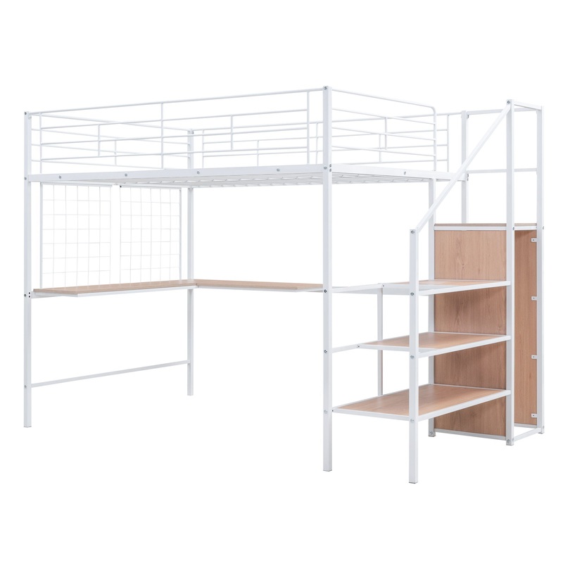Full Size Loft Bed With Desk And Grid, Stylish Frame With Lateral Storage Ladder And Wardrobe – White