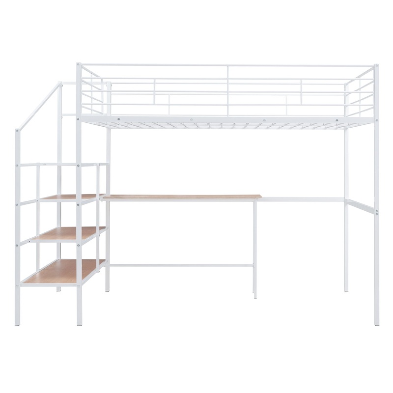 Full Size Loft Bed With Desk And Lateral Storage Ladder – White