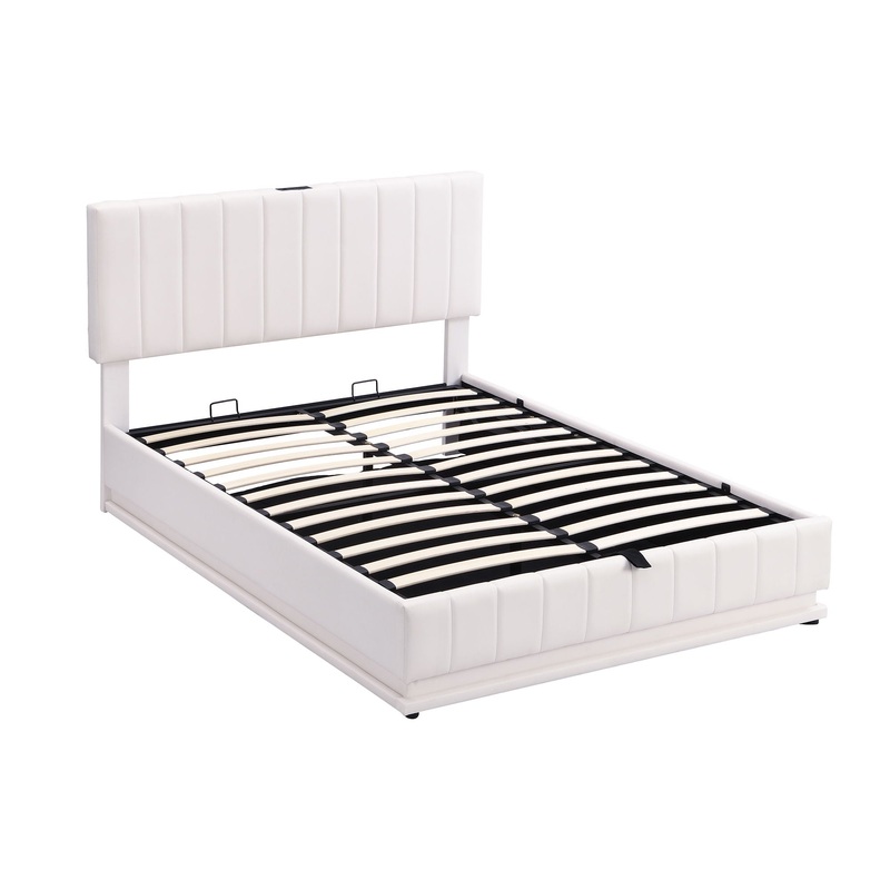 Full Size Upholstered Bed With Hydraulic Storage System And LED Light, With Sockets And USB Ports – White