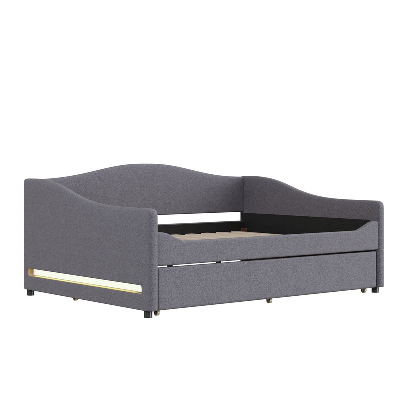 Full Size Upholstered Daybed With Light And Trundle – Gray