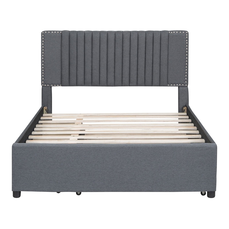 Full Size Upholstered Platform Bed With 2 Drawers And 1 Twin Size Trundle, Classic Headboard Design – Gray