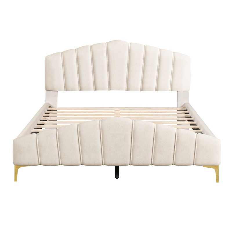 Queen Size Platform Bed With Thick, Stylish Stripe Decorated Bedboard And Elegant Leg – Beige
