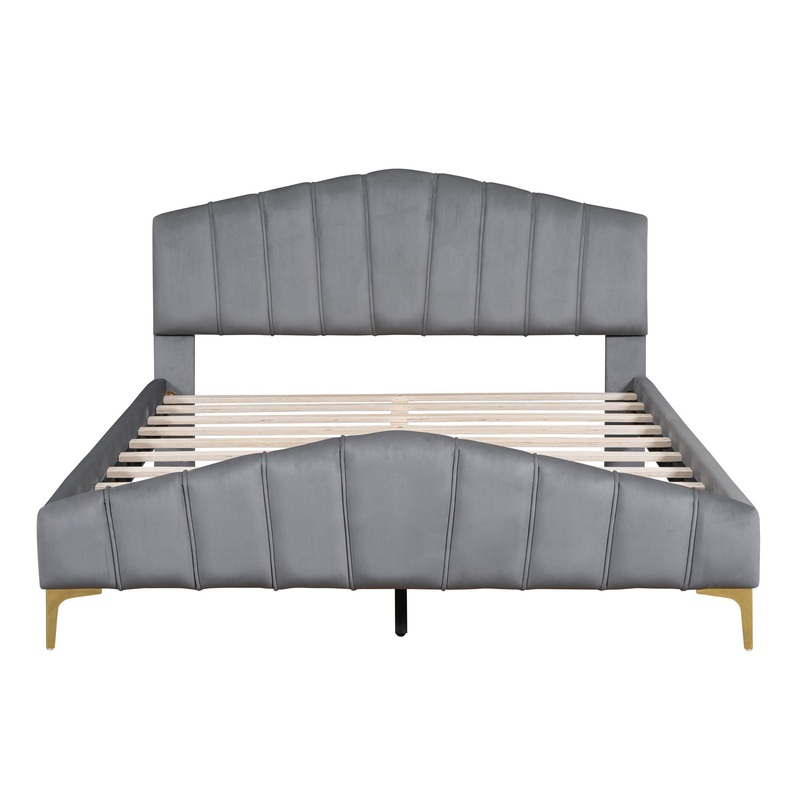 Queen Size Platform Bed With Thick, Stylish Stripe Decorated Bedboard And Elegant Leg – Gray