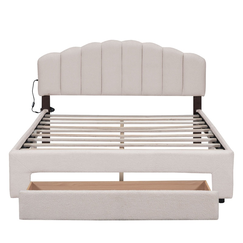 Queen Size Upholstered Platform Bed With Drawer – Beige