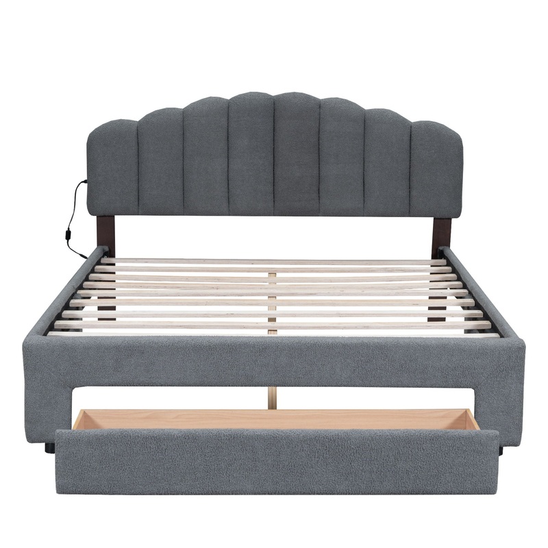 Queen Size Upholstered Platform Bed With Drawer – Gray