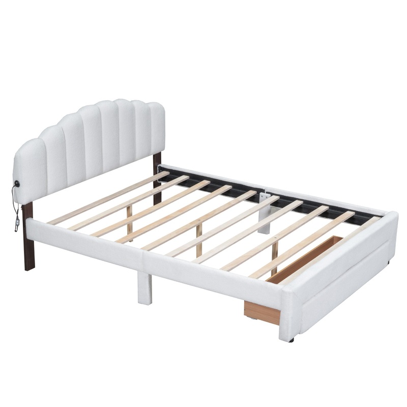 Queen Size Upholstered Platform Bed With Drawer – White