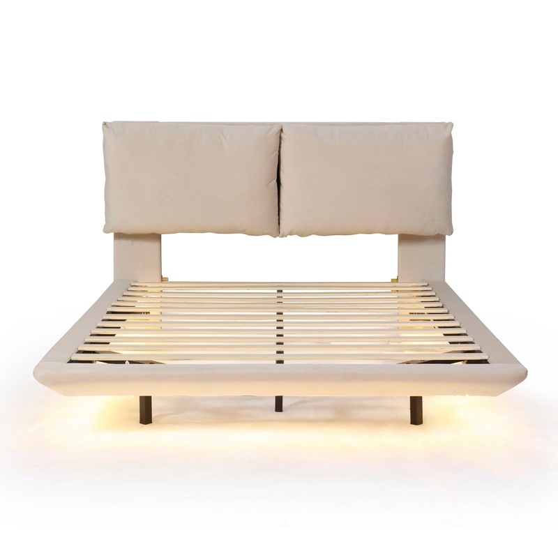Queen Size Upholstered Platform Bed With Sensor Light And 2 Large Backrests, With 2 Sets Of USB Port And Socket On Each Rear Bed Leg – Beige
