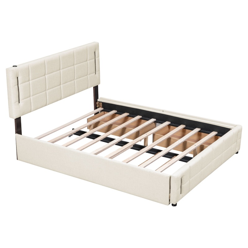 Queen Size Upholstered Platform Bed With Trundle And Drawers – Beige