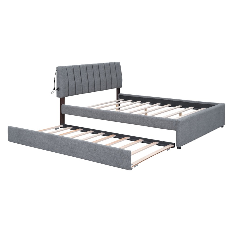 Queen Size Upholstered Platform Bed With Twin Long Trundle – Gray