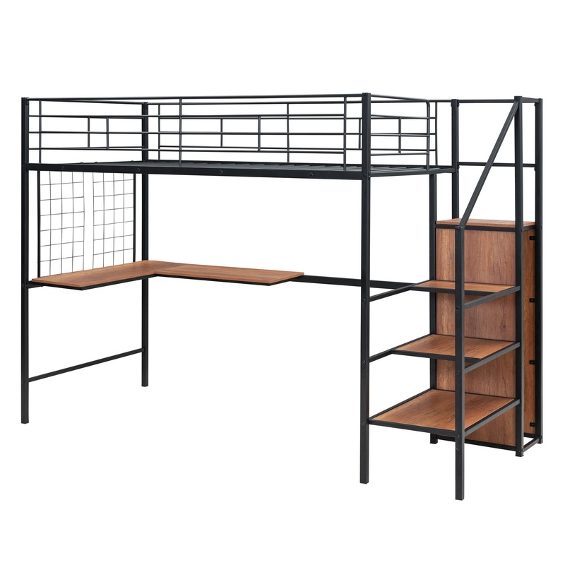 Twin Size Loft Bed With Desk And Grid, Stylish Frame With Lateral Storage Ladder And Wardrobe – Black