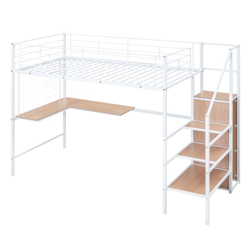 Twin Size Loft Bed With Desk And Grid, Stylish Frame With Lateral Storage Ladder And Wardrobe – White