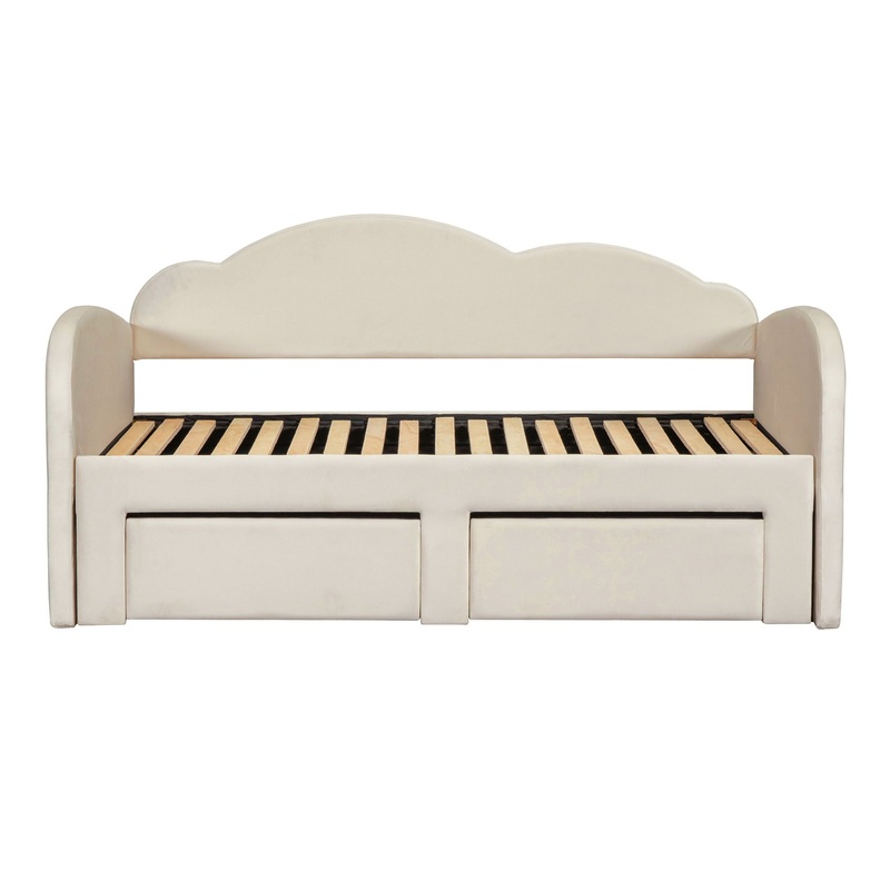 Twin Size Upholstered Daybed With Cloud-Shaped Backrest, Trundle & 2 Drawers And USB Ports – Beige