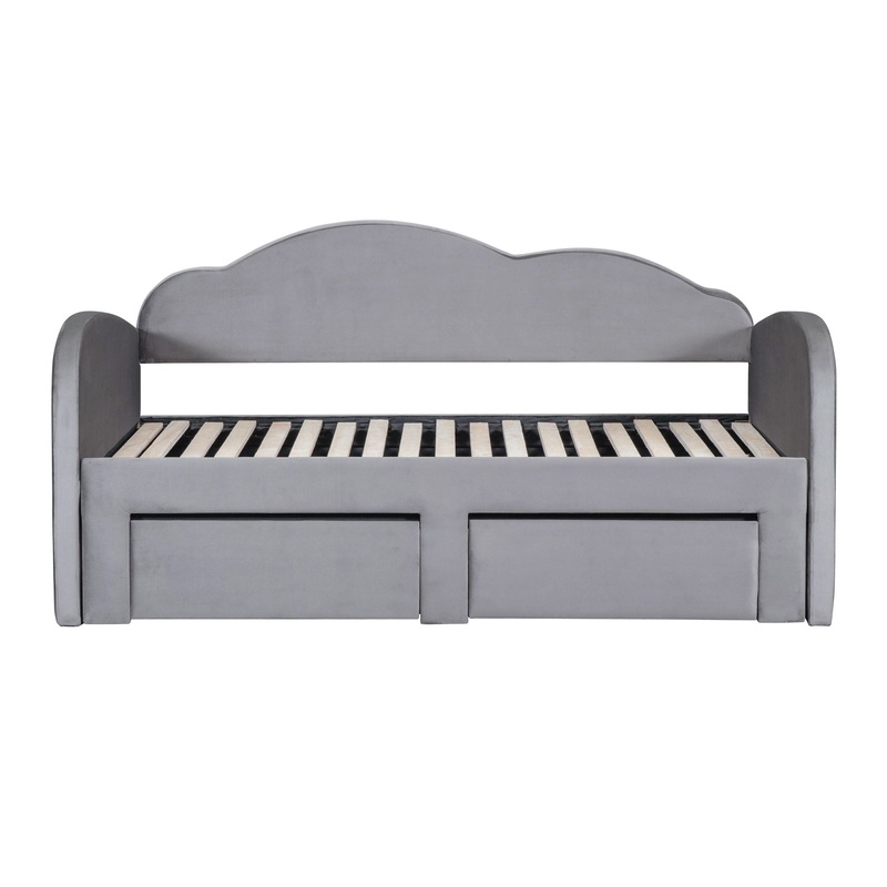 Twin Size Upholstered Daybed With Cloud-Shaped Backrest, Trundle & 2 Drawers And USB Ports – Gray