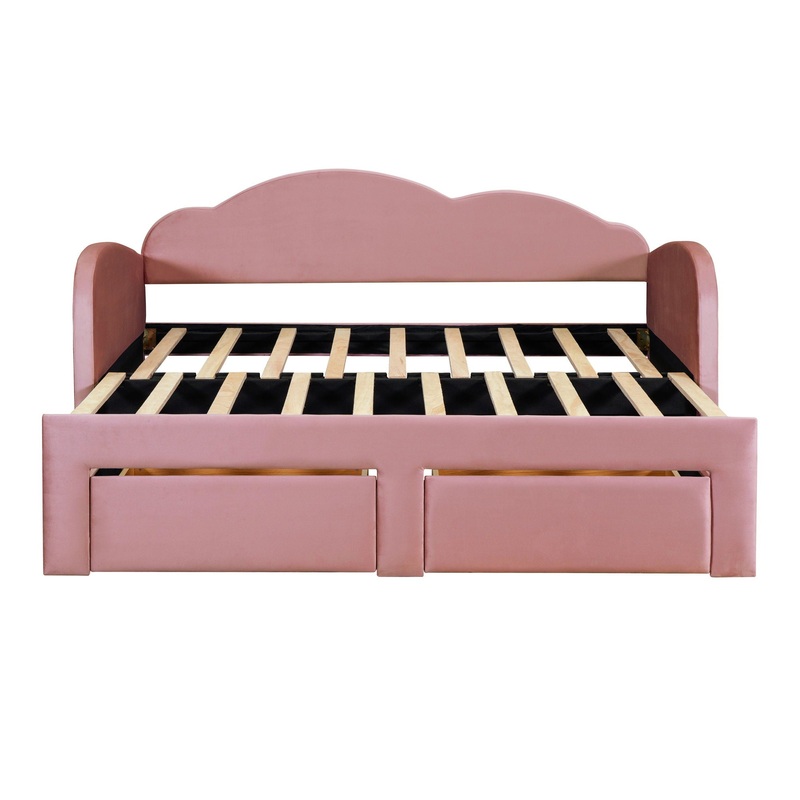 Twin Size Upholstered Daybed With Cloud-Shaped Backrest, Trundle & 2 Drawers And USB Ports – Pink