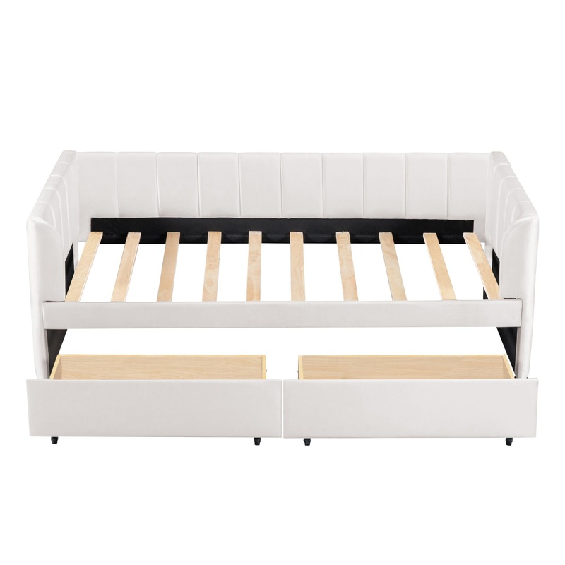 Twin Size Upholstered Daybed With Ergonomic Design Backrest And 2 Drawers – Beige